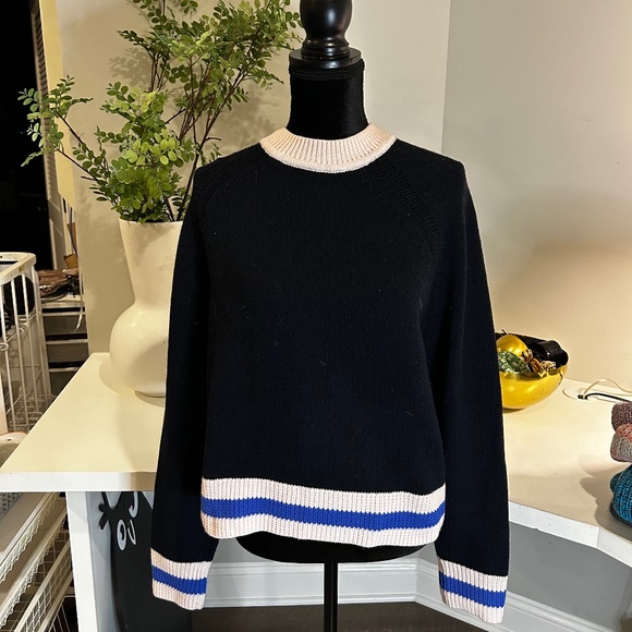 Rag & Bone 100% Extra Fine Merino Wool Navy Sweater with Light Pink Trim - Picture 2 of 8